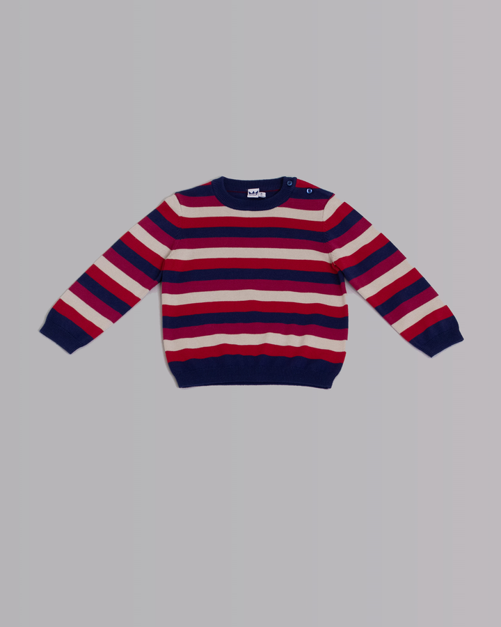 Suéter de rayas azul, rojo, vinotinto y crema