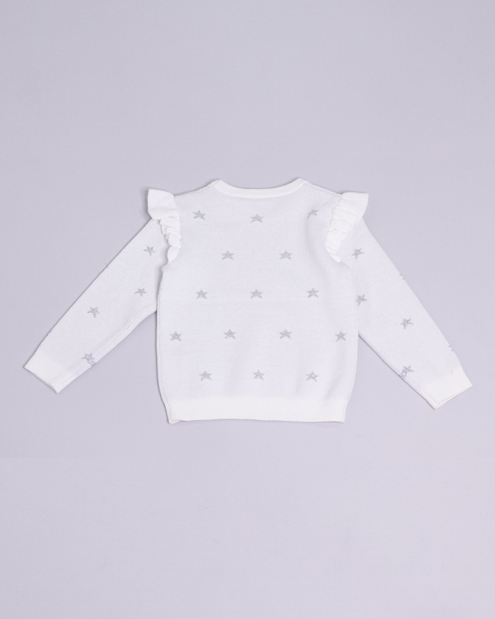 Suéter blanco con estrellas plateadas y volantes