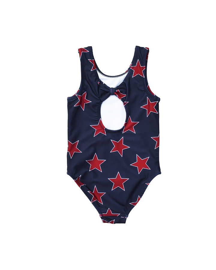 Traje de baño azul marino con estrellas rojas para Bebé Niña