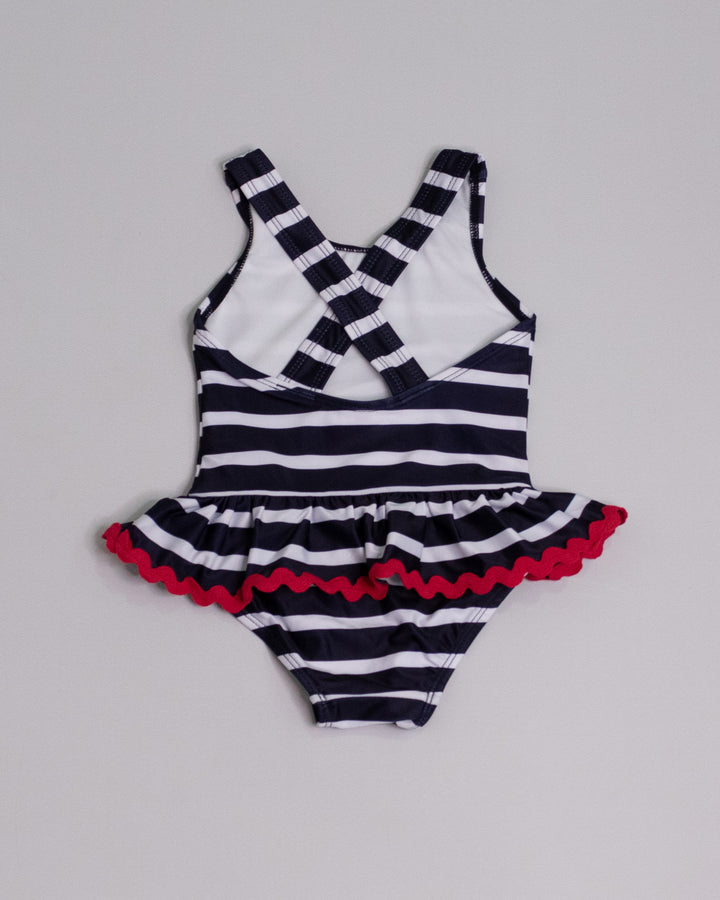 Traje de baño de rayas azules y blancas con cinta zigzag roja para Bebé Niña