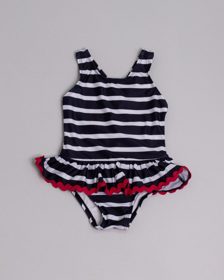 Traje de baño de rayas azules y blancas con cinta zigzag roja para Bebé Niña