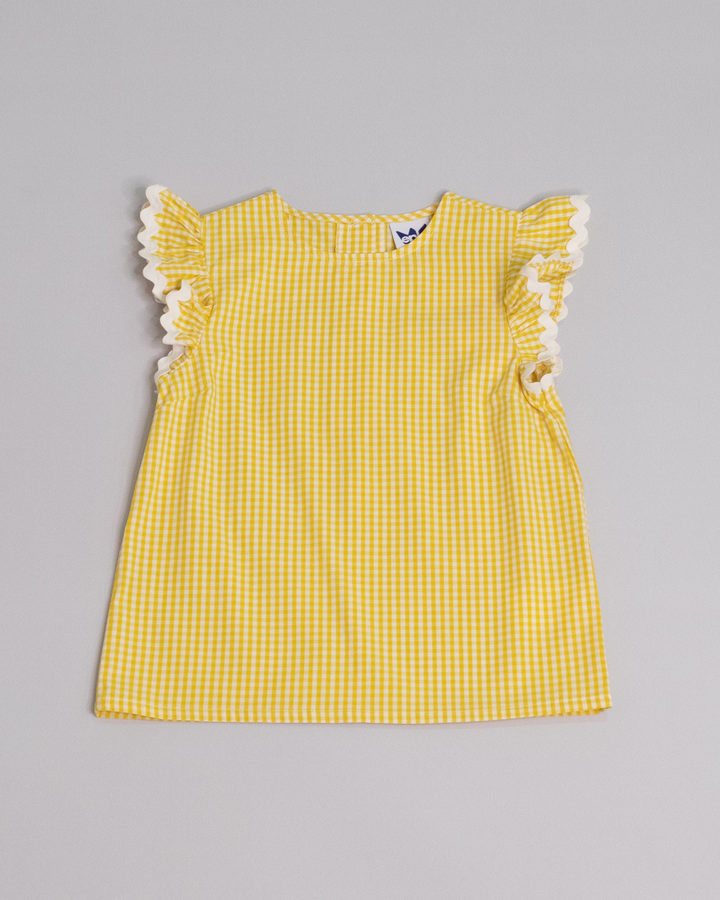 Blusa sin mangas de popelina con estampado vichy amarillo y cinta zigzag en las mangas