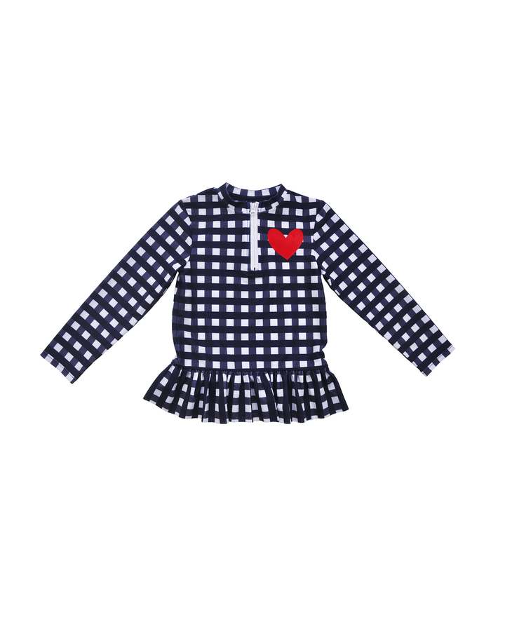 Franela de agua de vichy azul marino y blanco con corazón rojo estampado para Bebé Niña