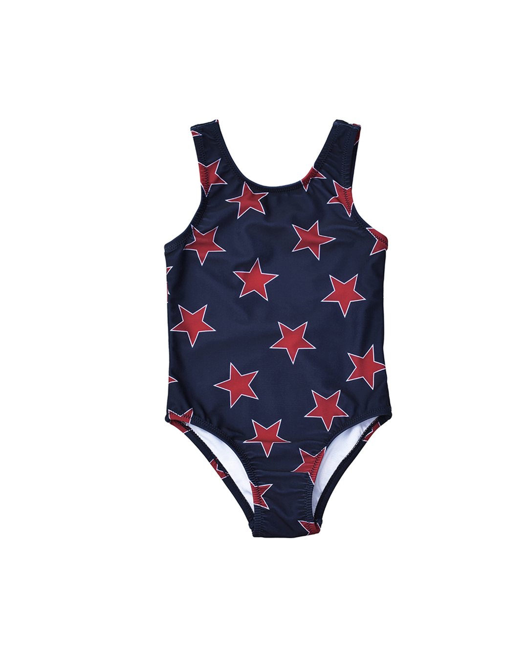 Traje de baño azul marino con estrellas rojas