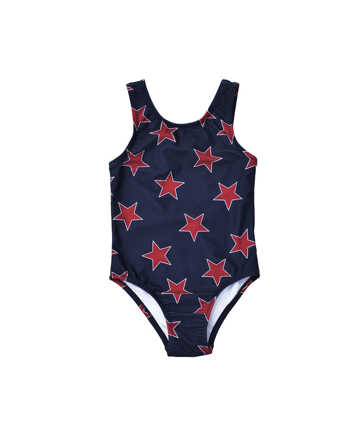 Traje de baño azul marino con estrellas rojas para Niña
