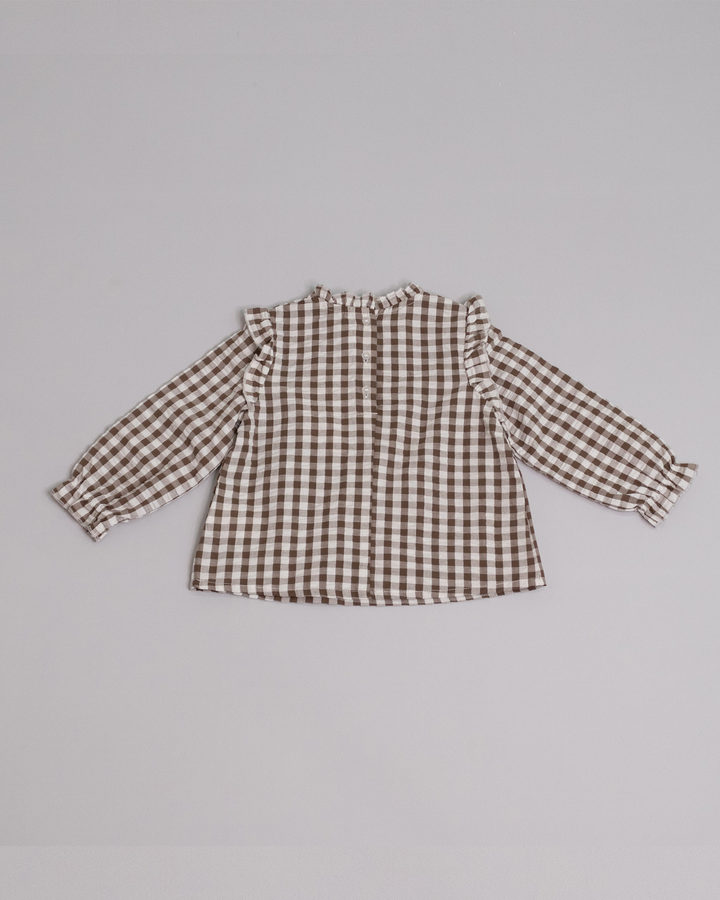 Blusa de raso de seda de vichy marrón y blanco