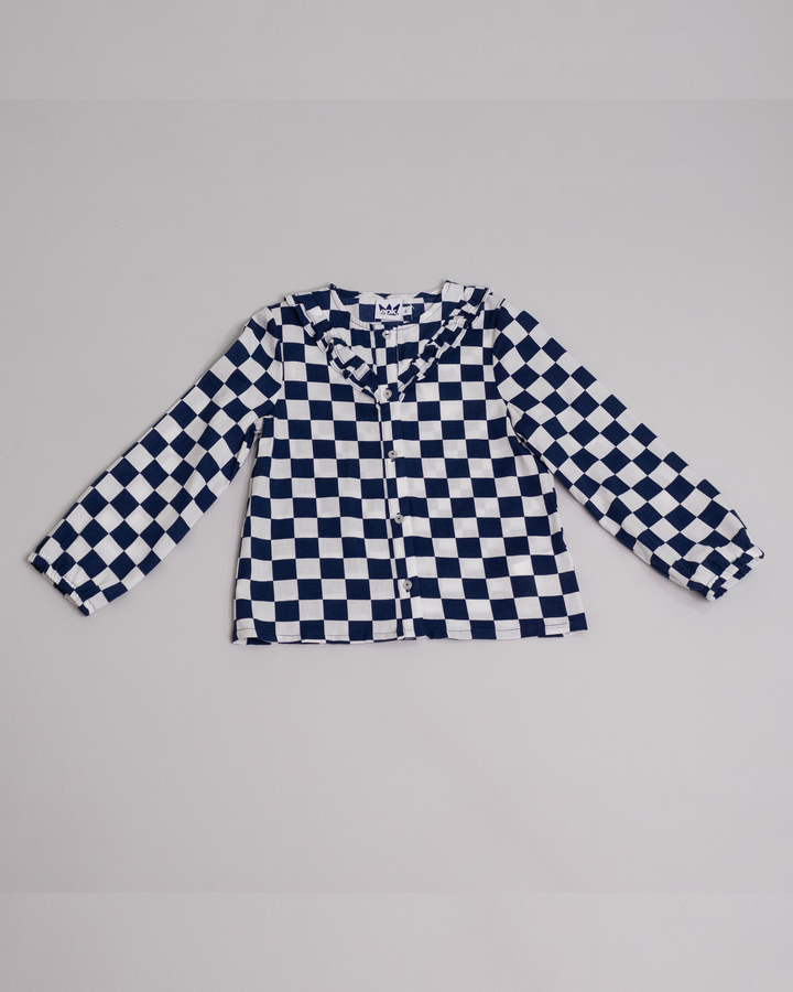 Blusa manga larga con estampado de cuadros blancos y azules