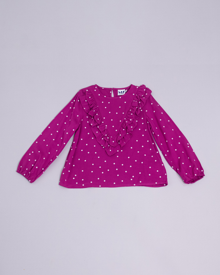 Blusa manga larga de color magenta y puntos blancos