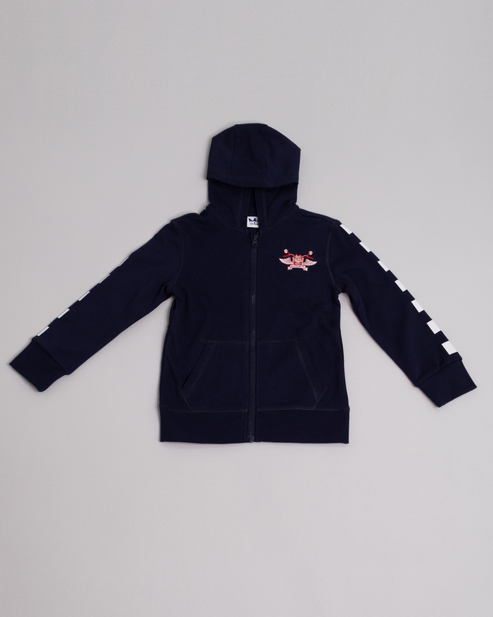Sweatshirt azul marino con gráfico en las mangas y parche de moto