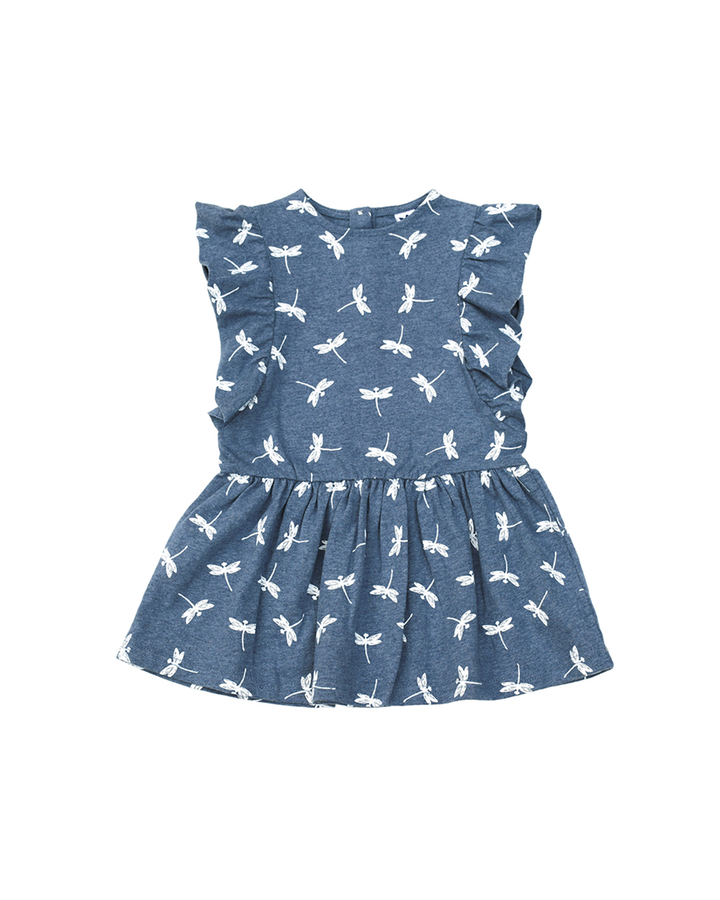 Vestido de algodón azul con libélulas blancas estampadas