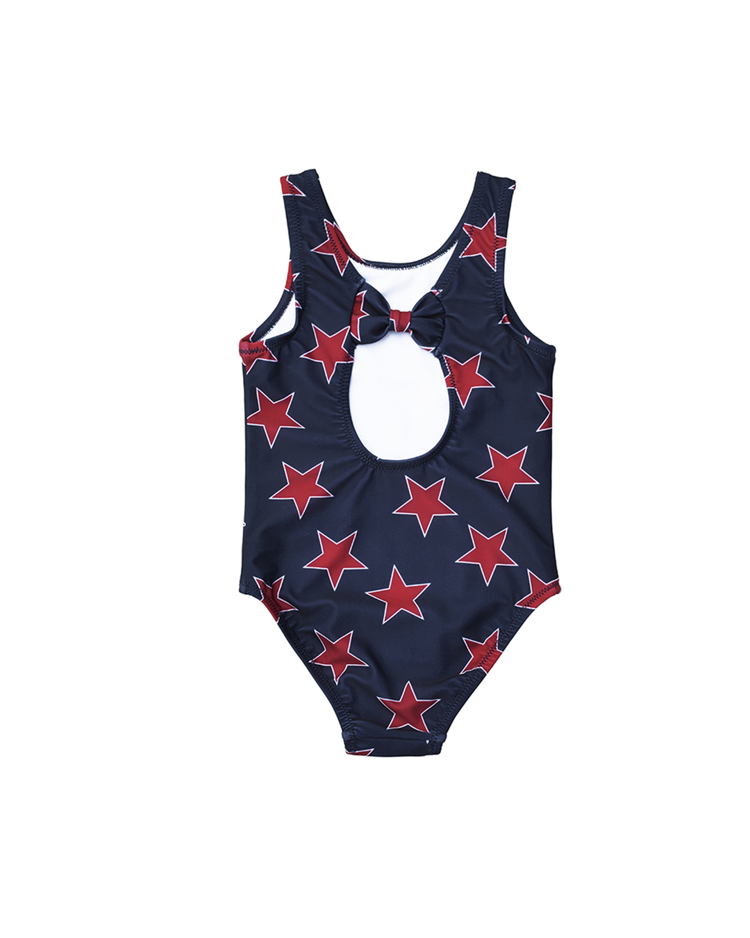 Traje de baño azul marino con estrellas rojas