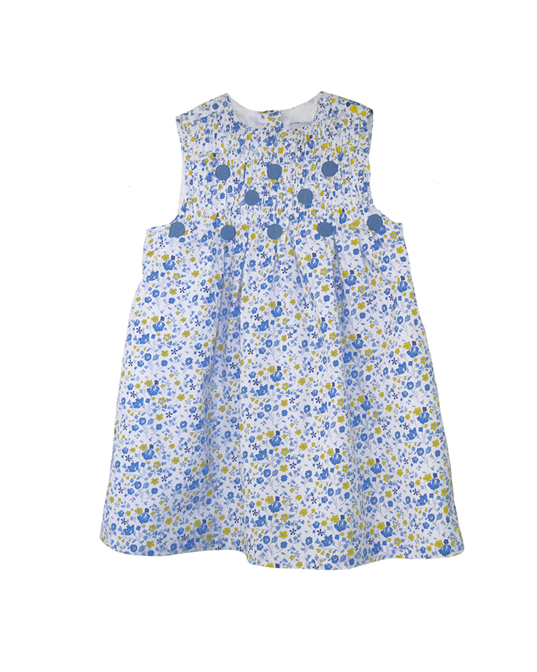 Vestido con estampado de flores azules y amarillas y bordado en pecho