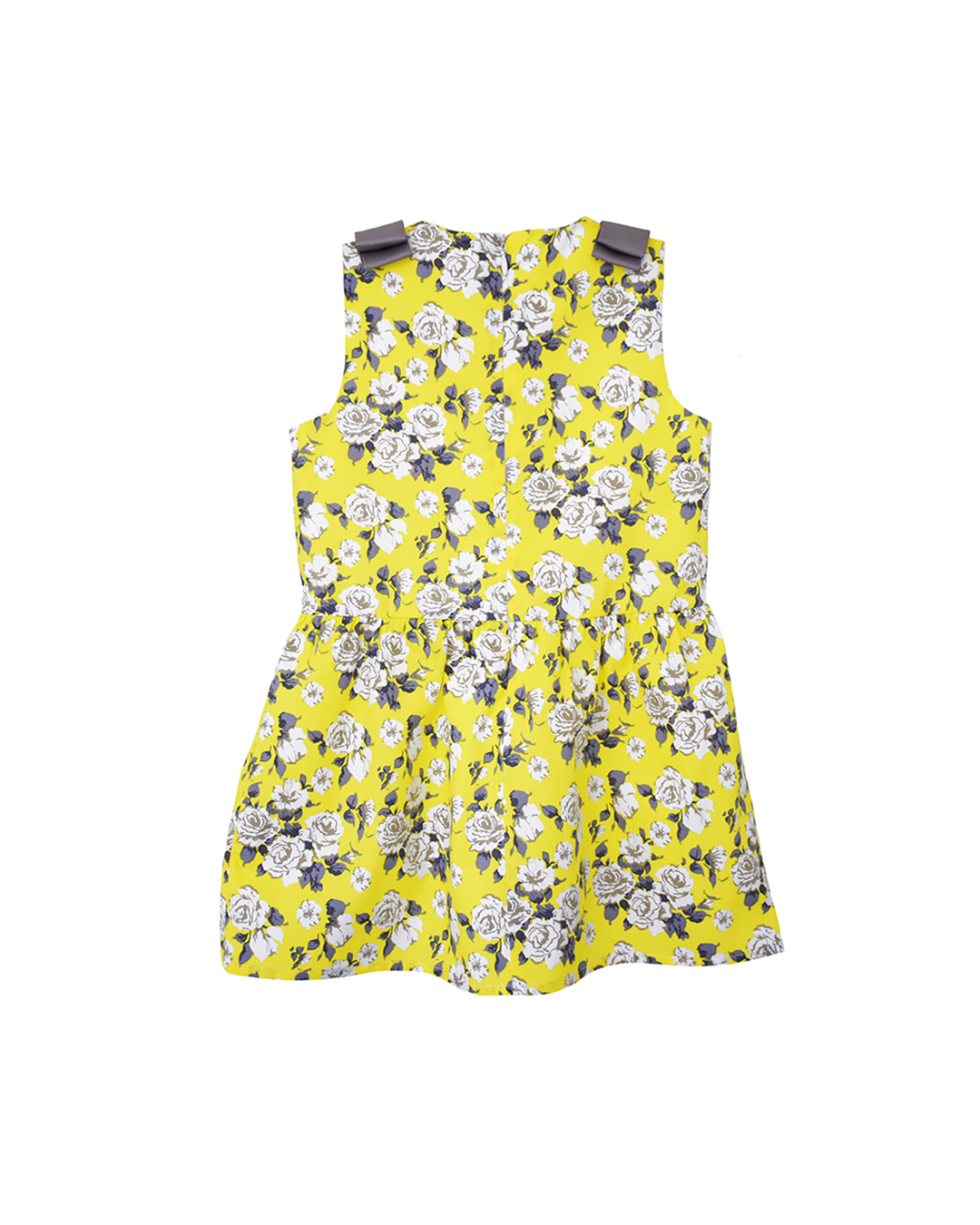 Vestido amarillo con flores y cinta gris en los hombros