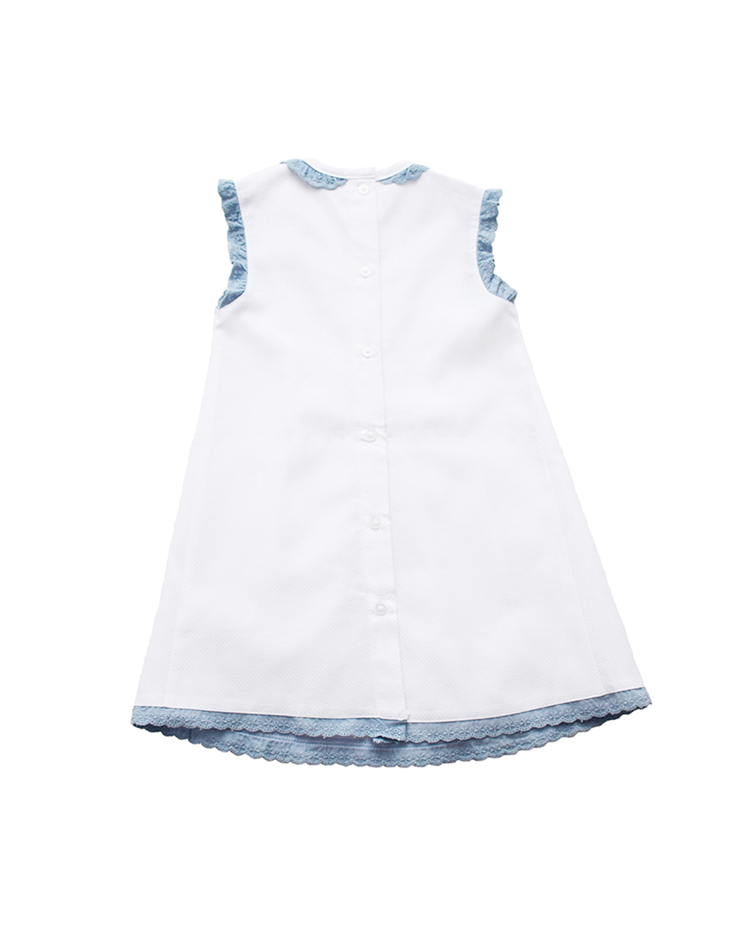 Vestido blanco de piquet con tira bordada azul y libélulas bordadas en pecho