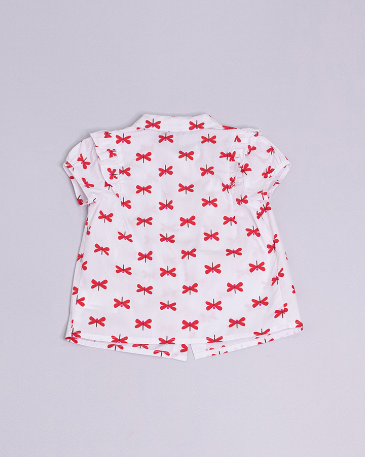 Blusa blanca manga corta con libélulas rojas