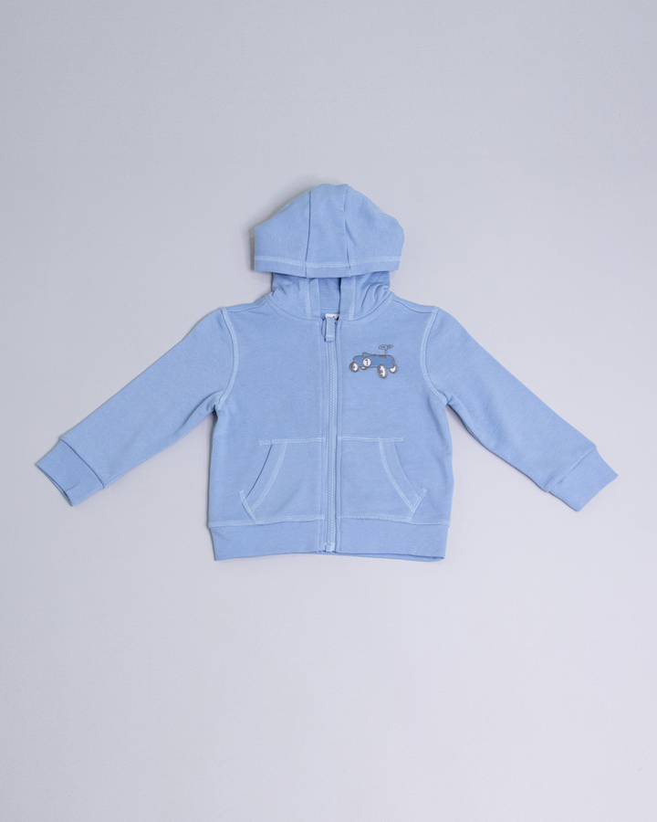 Suéter jogging azul con un carrito bordado
