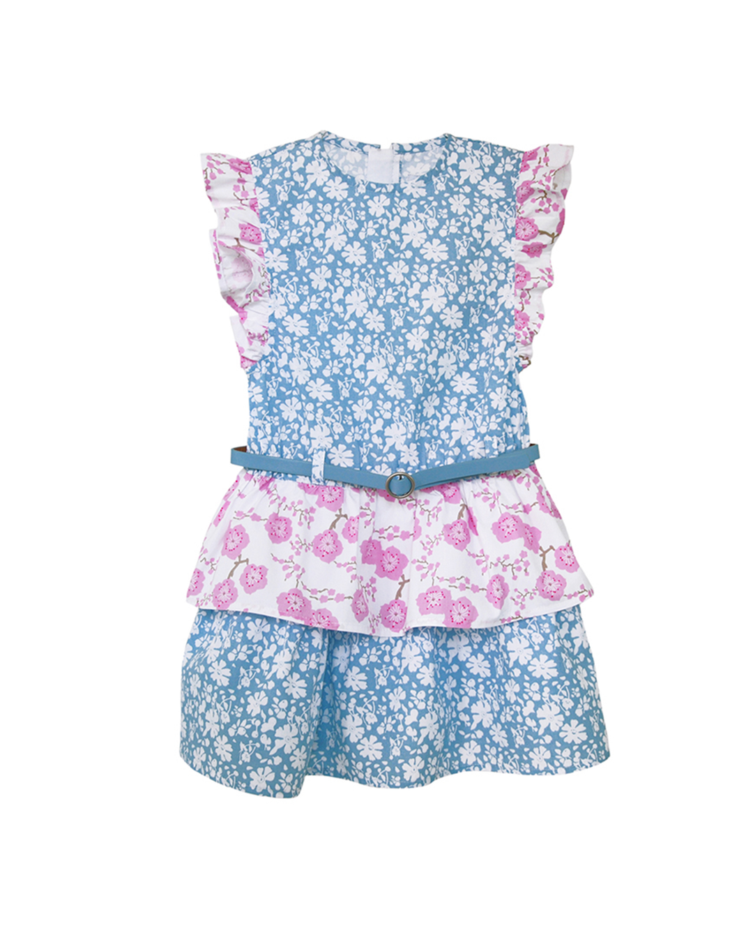 Vestido con flores en azul y rosado con cinturón azul