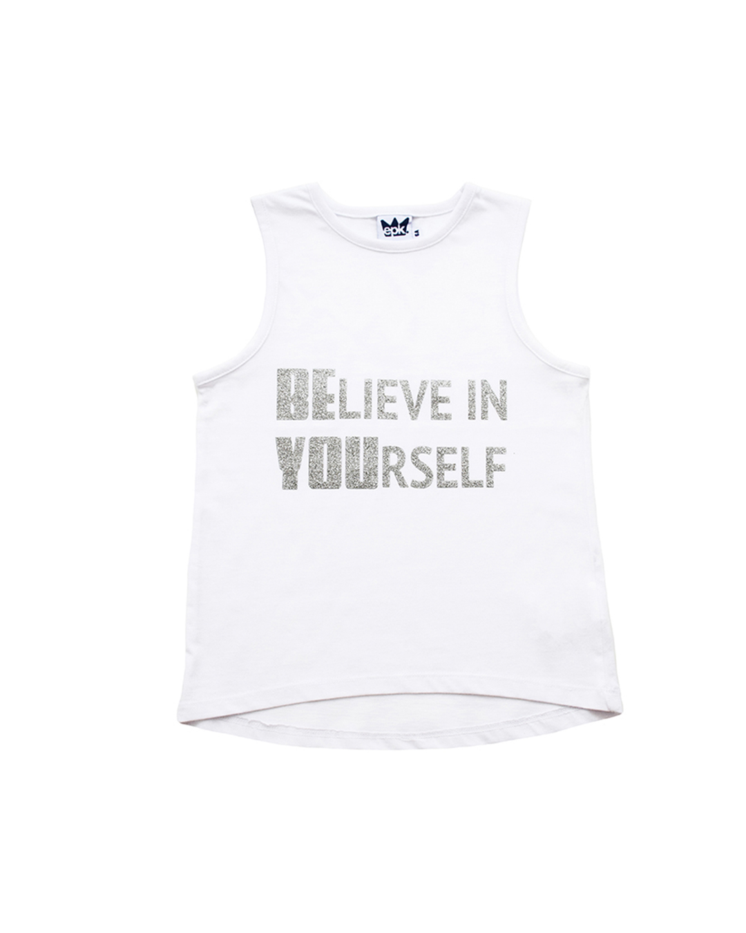 Franela blanca sin mangas con gráfico Believe in Yourself en escarcha plateada