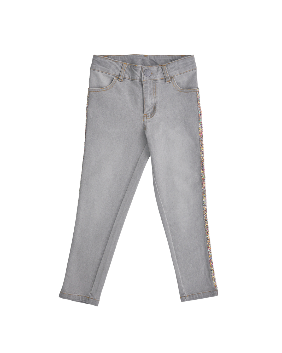 Pantalón gris con cinta multicolor en el costado
