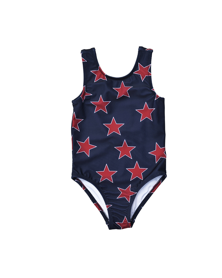 Traje de baño azul marino con estrellas rojas para Bebé Niña