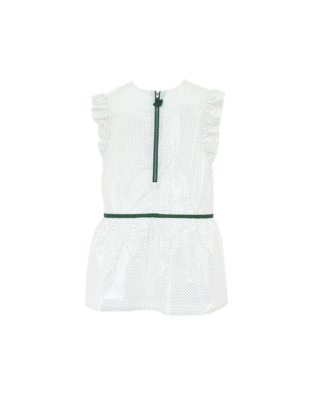 Vestido blanco con puntos verdes tornasol y cinta cintura verde terciopelo