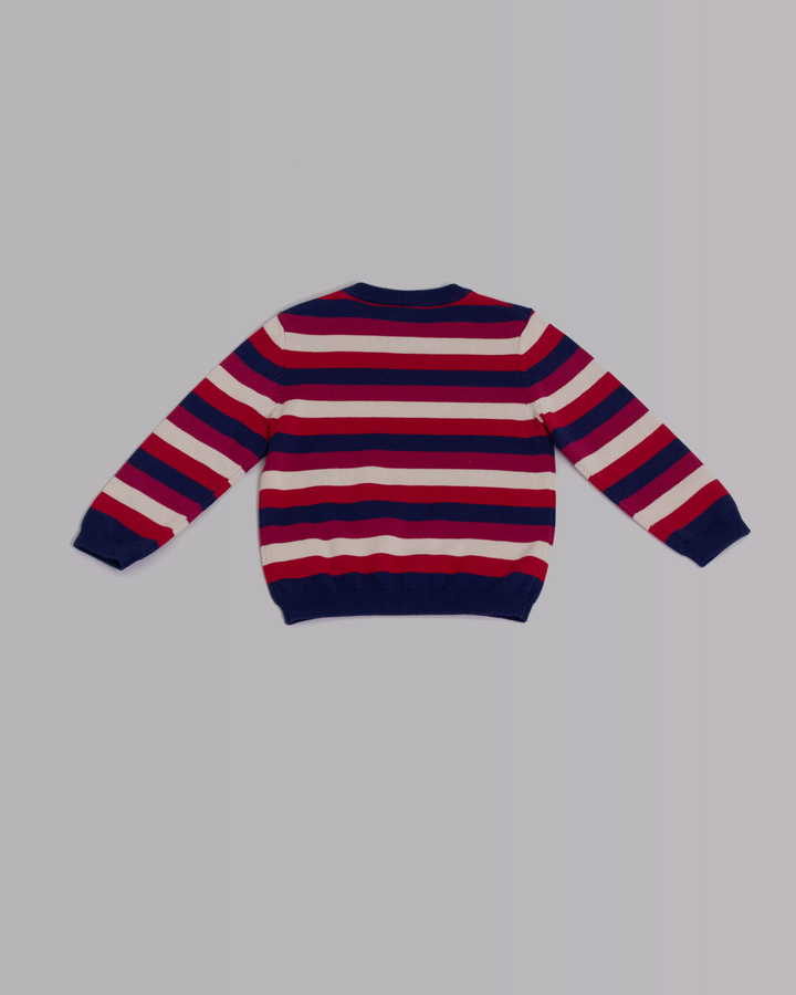 Suéter de rayas azul, rojo, vinotinto y crema