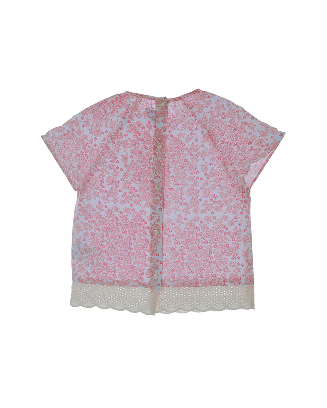 Blusa con estampado de flores rosadas y detalle de tira bordada en el ruedo