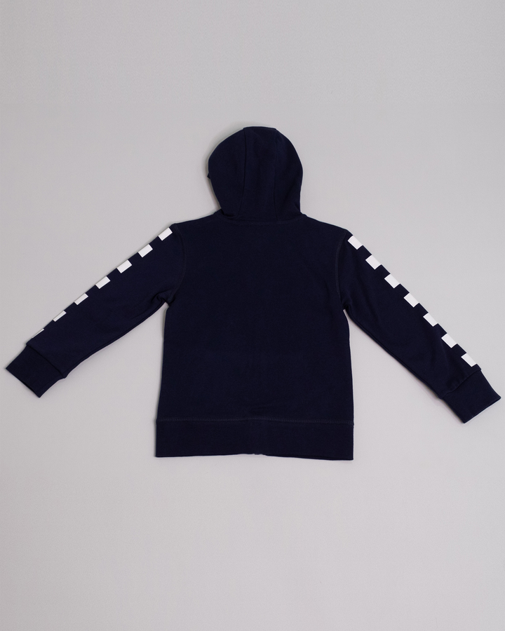 Sweatshirt azul marino con gráfico en las mangas y parche de moto