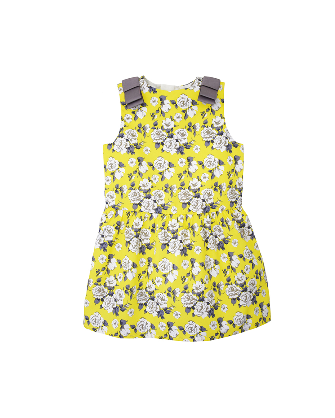 Vestido amarillo con flores y cinta gris en los hombros