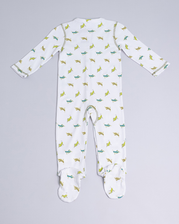 Pijama blanca de saltamontes azules y verdes