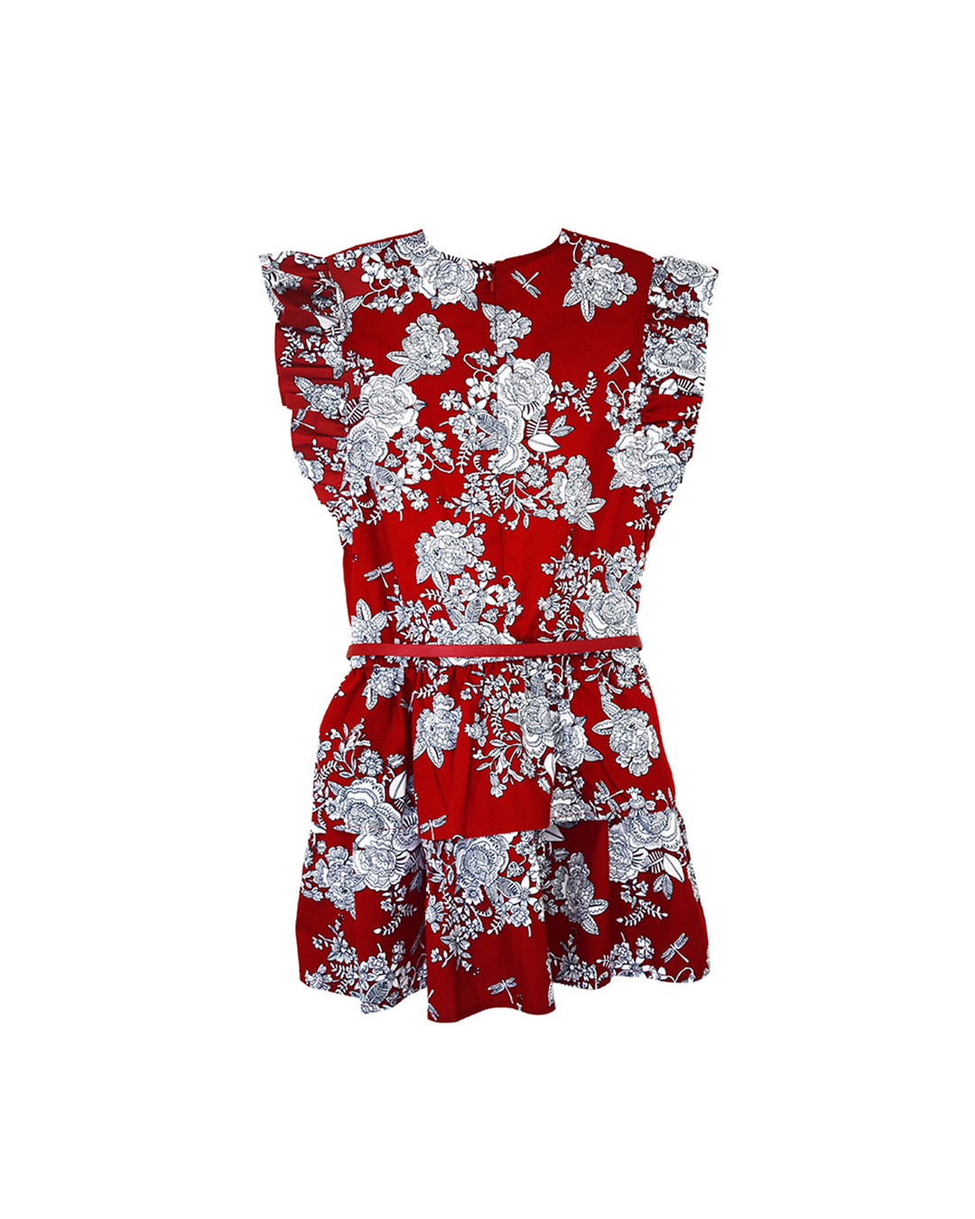 Vestido rojo con flores blancas estampadas y cinturón rojo
