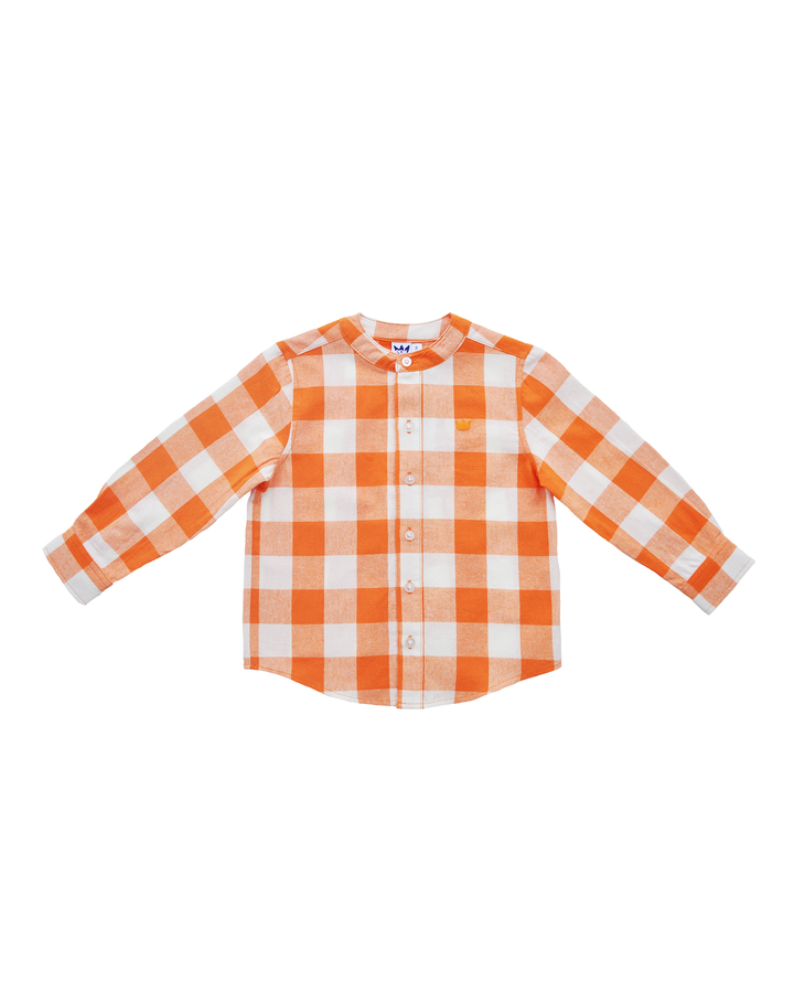 Camisa manga larga de lino con vichy anaranjado