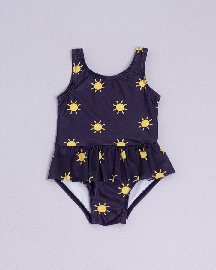 Traje de baño azul marino con soles amarillos para  Bebé Niña