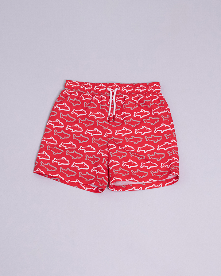 Traje de baño rojo de tiburones blancos y grises para Niño