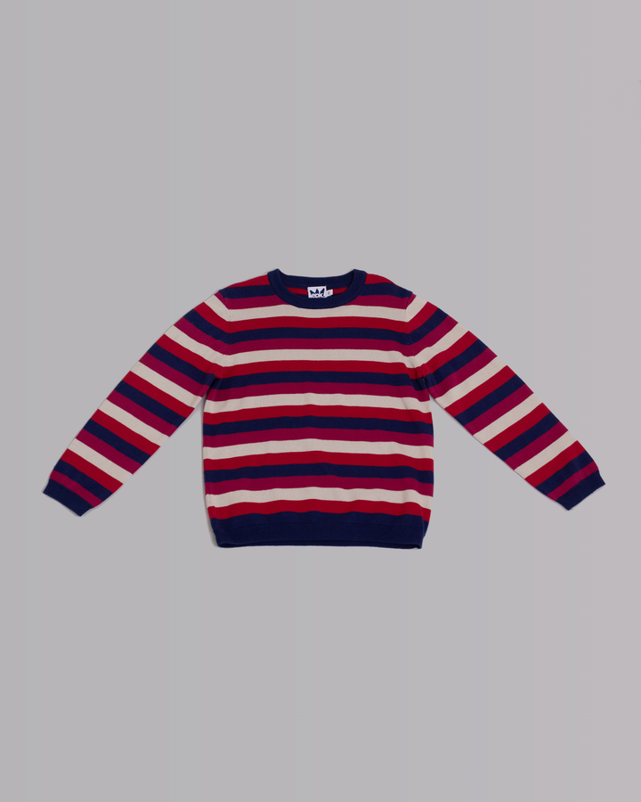 Suéter de rayas azul, rojo, vinotinto y crema