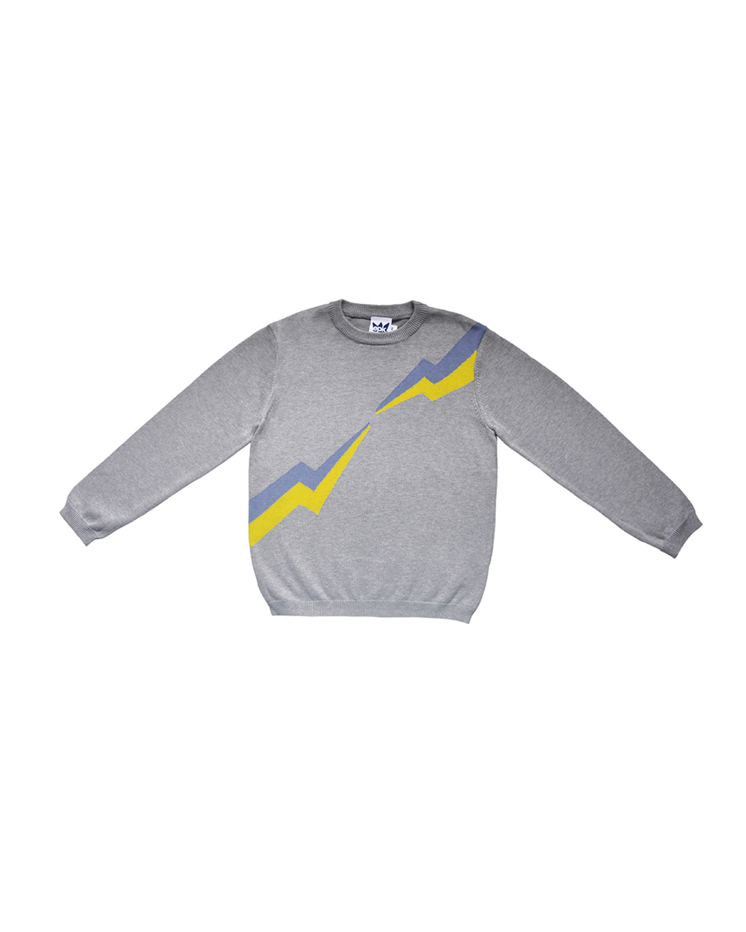 Suéter gris con rayos azules y amarillos