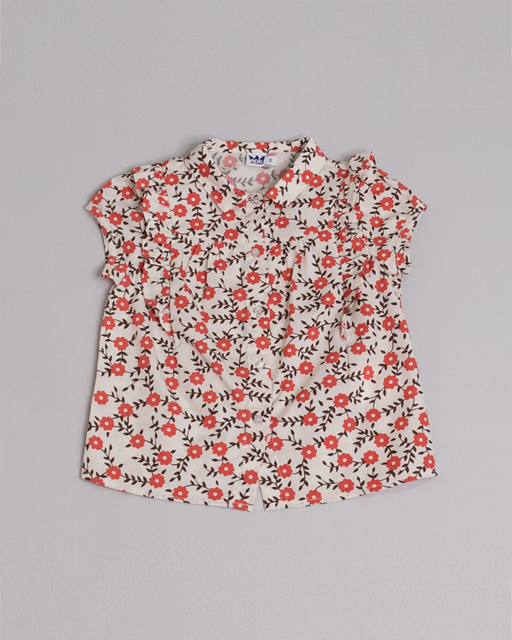 Blusa manga corta de popelina color crema con estampado de flores