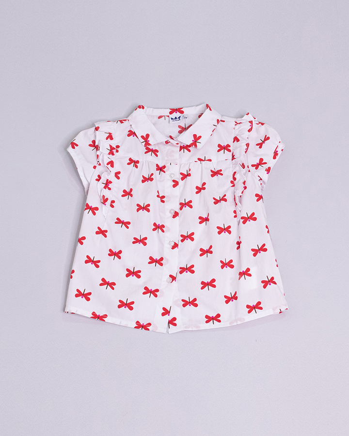 Blusa blanca manga corta con libélulas rojas